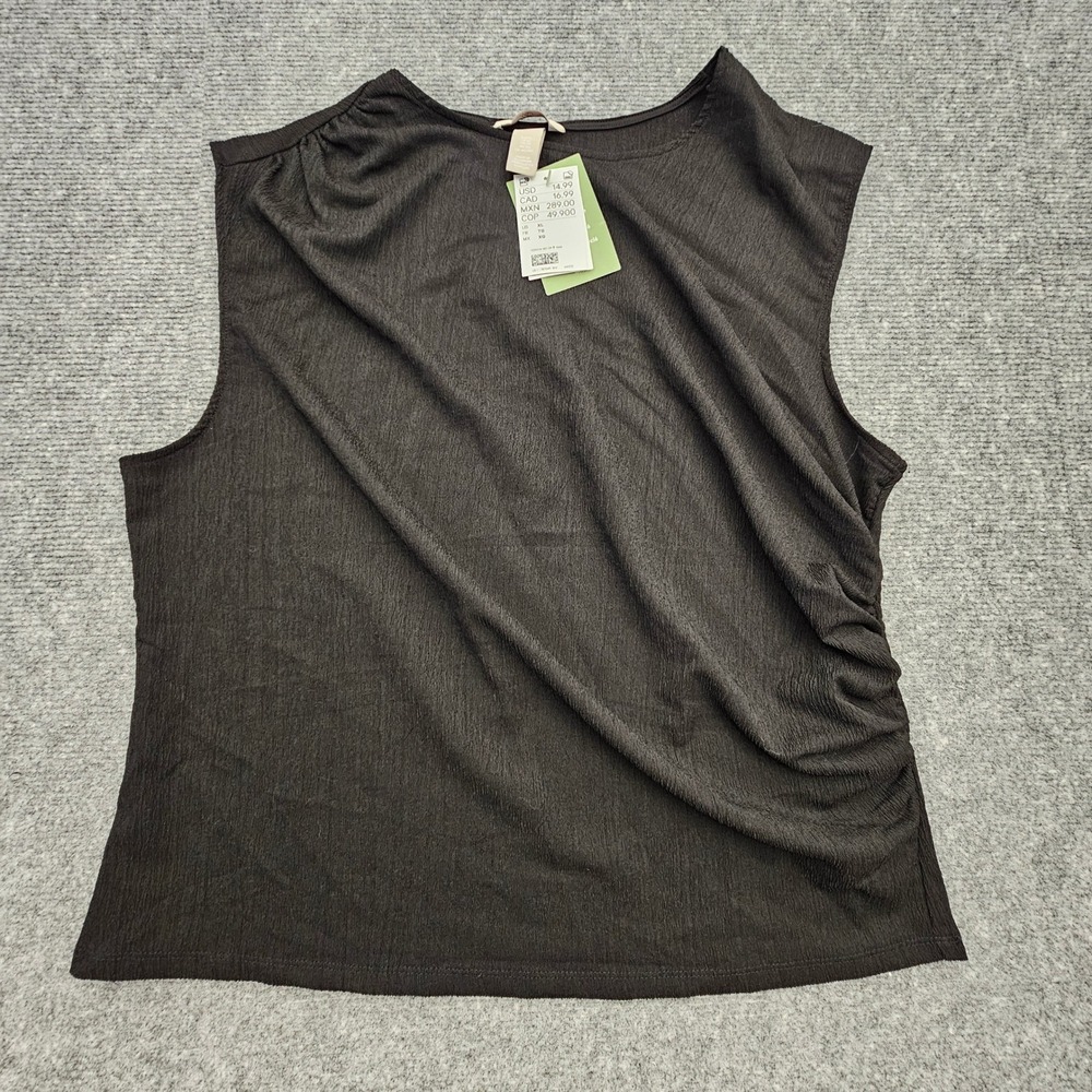 H&M Sleeveless Top Women XL Black Ruched Side Textured Draped Blouse Minimalist